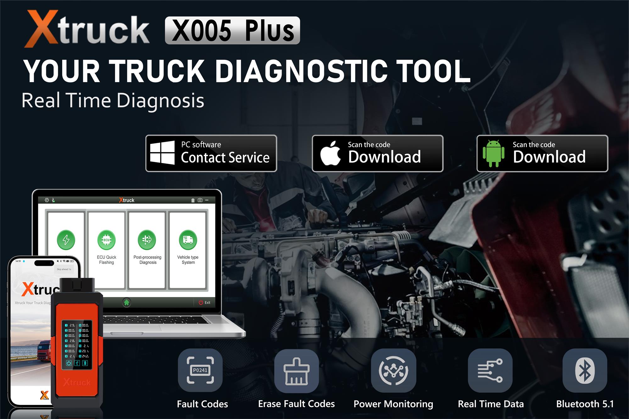 Xtruck X005 plus Intelligent Diagnosis ECU Quick Flashing post-processing diagnosis vehicle type system support Sinotruck Dongfeng SHACMAN