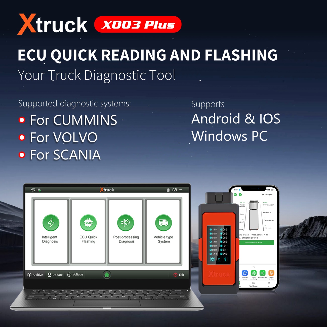 Xtruck X003 plus Read fault code DPF Regeneration support Cummins VOLVO and SCANIA Truck Diagnostic Tool